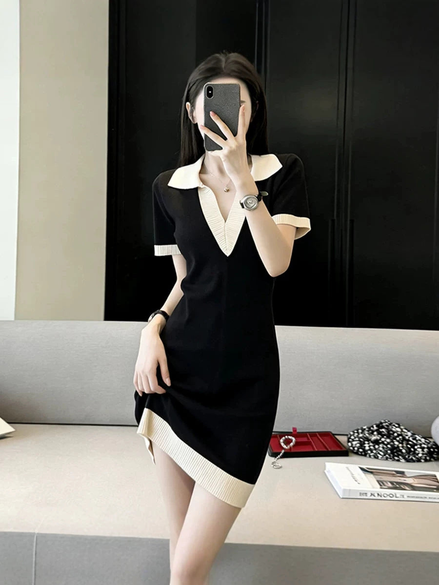 Polo Mini Dress — Contrast Collar Knit with Short Sleeves and Ribbed Hem in Viscose