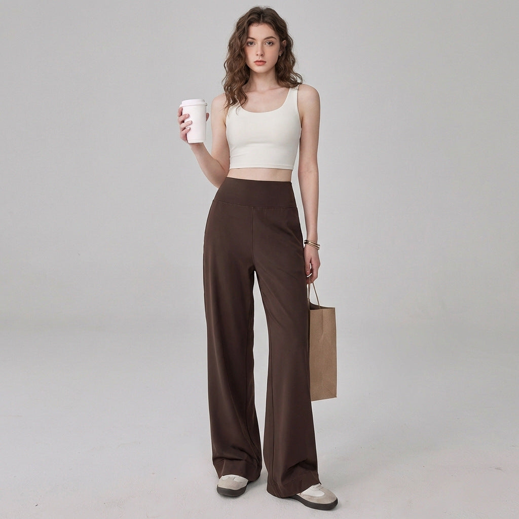 High-waisted wide-leg yoga pants in dark brown with relaxed straight-leg fit