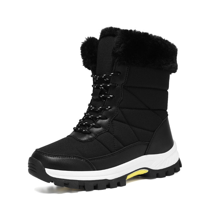 Black high-top winter snow boots, fleece-lined collar, lace-up with grippy outsole