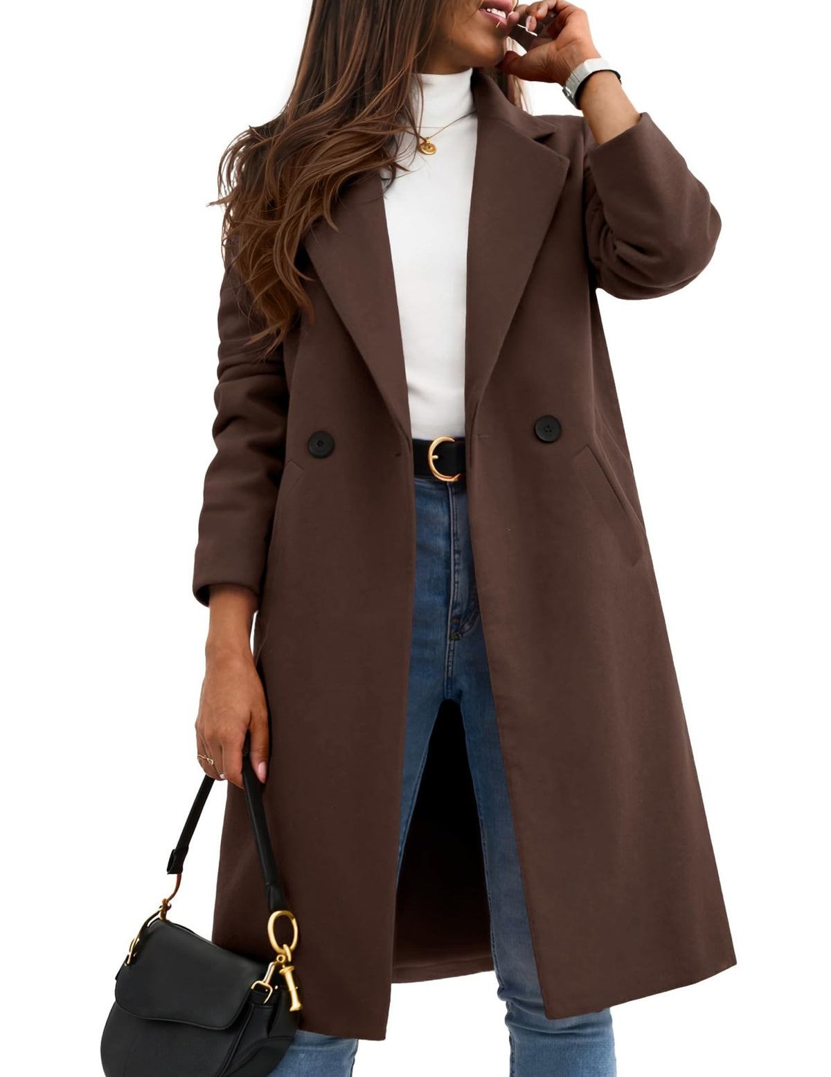 Long brown wool overcoat with wide lapels, double-breasted buttons, and cuffed sleeves