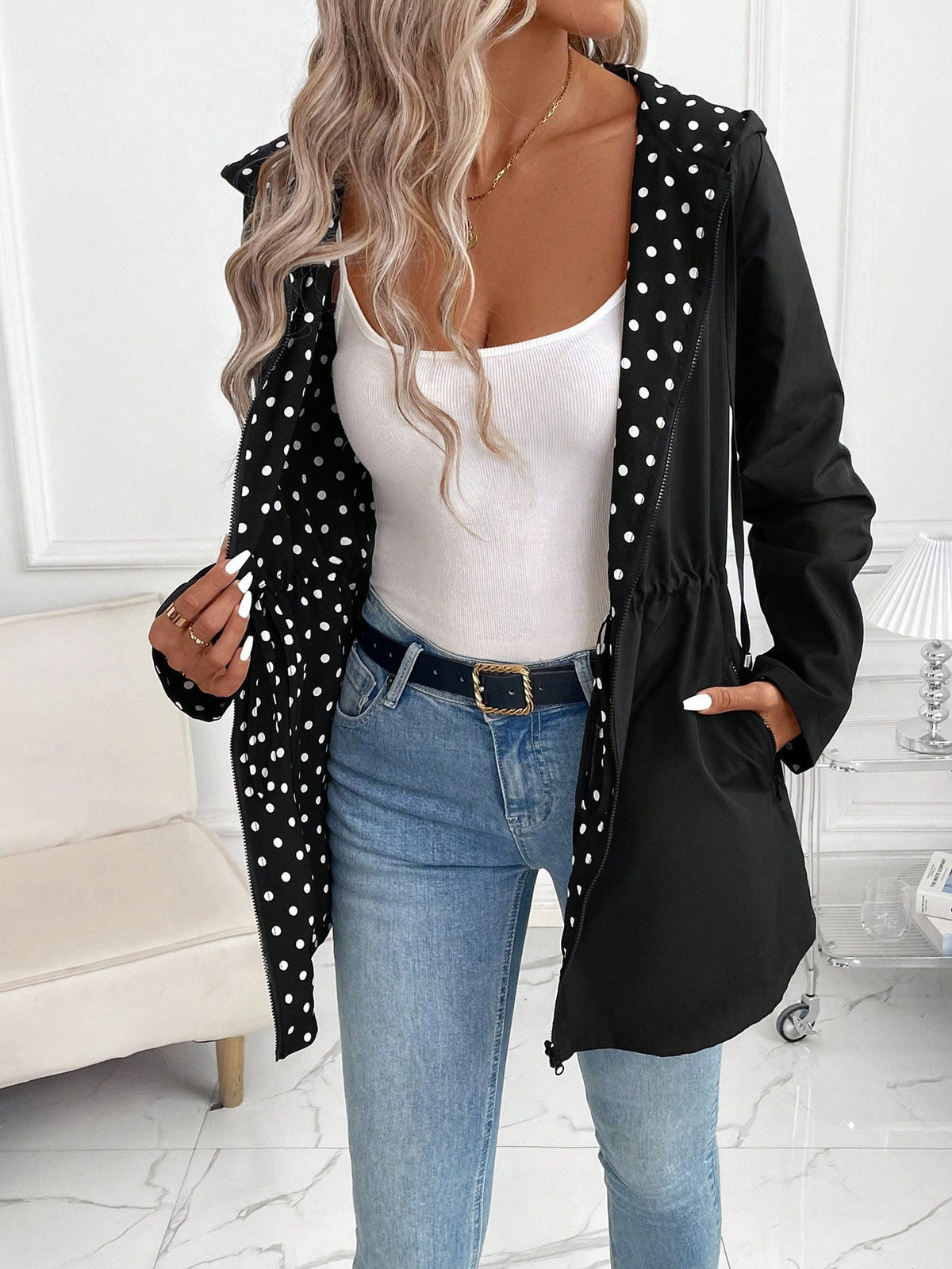 Reversible hooded zip jacket with black polka-dot print and drawstring hood
