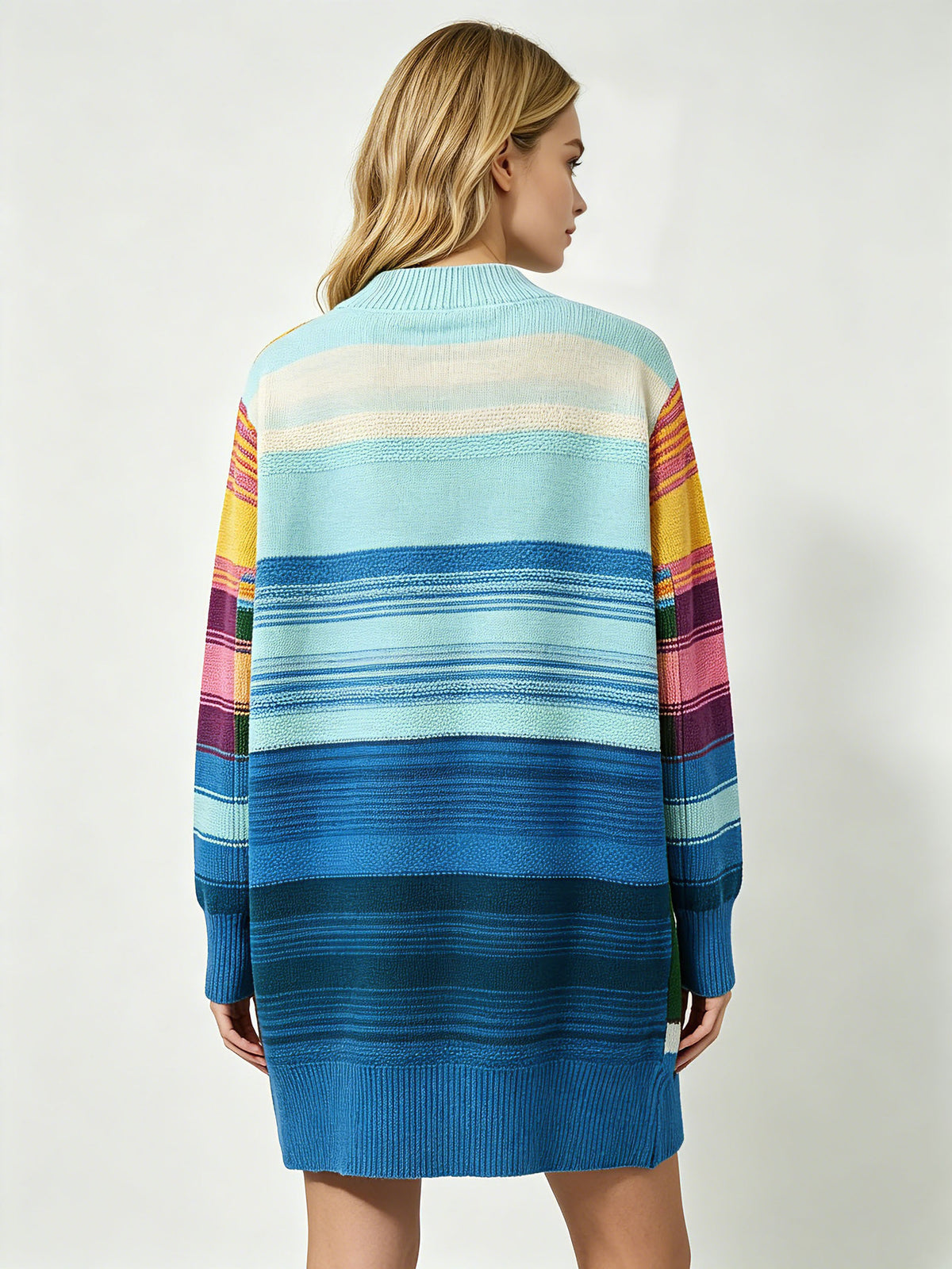 Women's sweater dress back view, sky-blue knit with rainbow striped bands