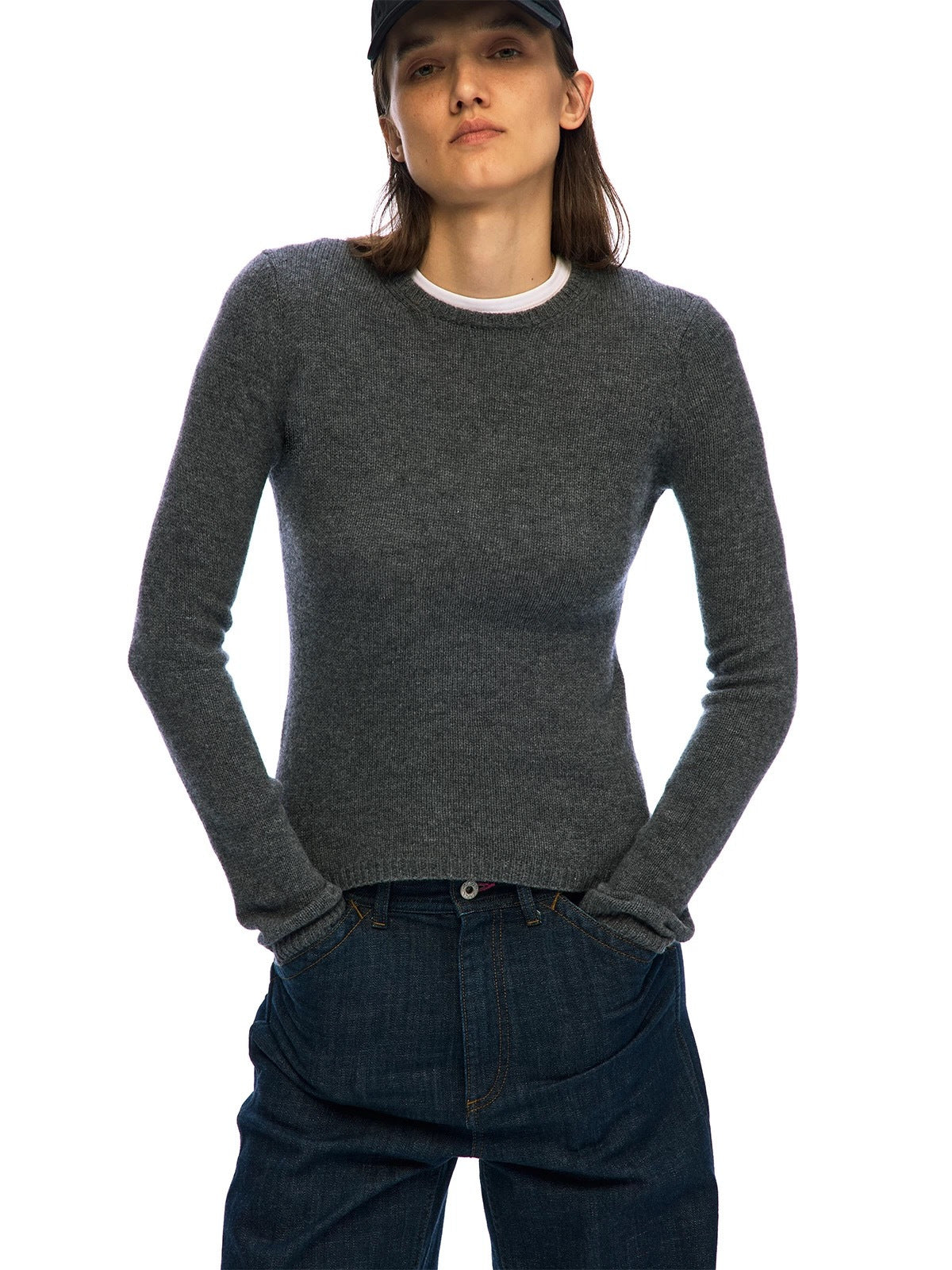 Wool knit sweater, fitted dark gray crewneck pullover with long sleeves and ribbed cuffs