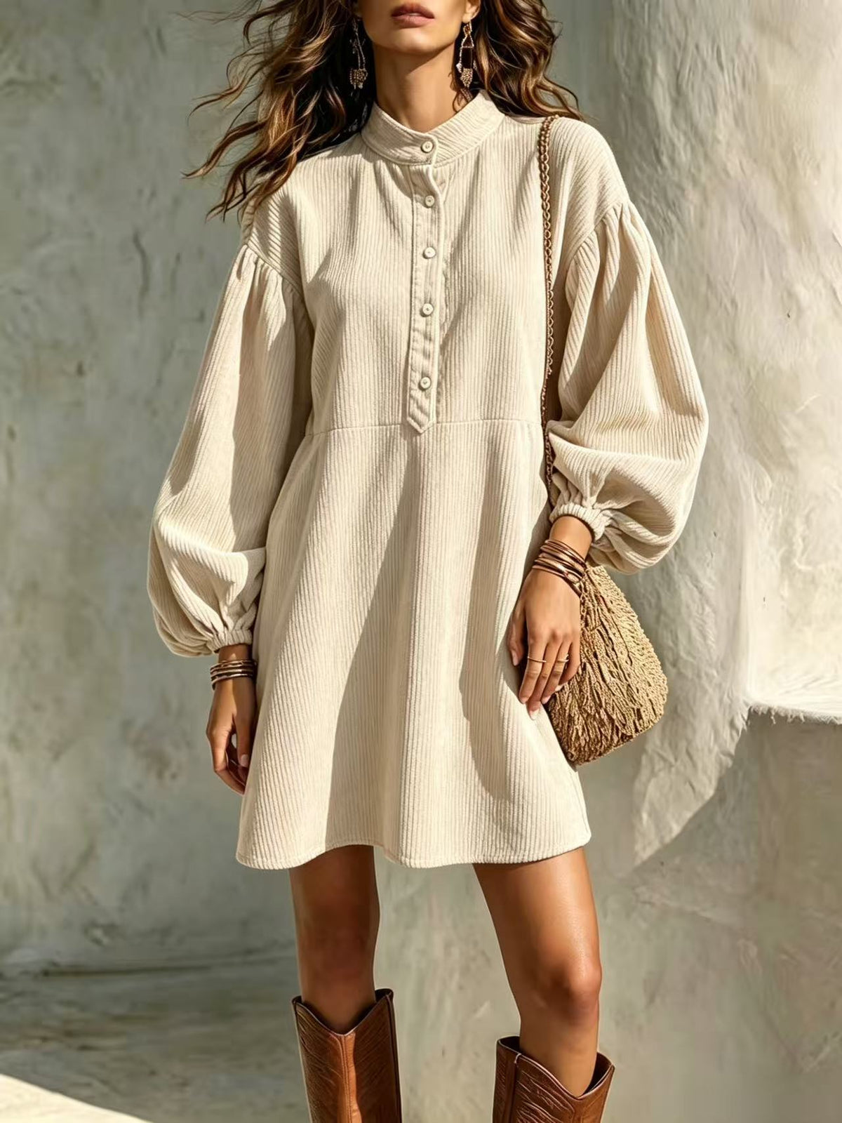 Apricot corduroy dress with stand-up collar, button-front, and lantern sleeves