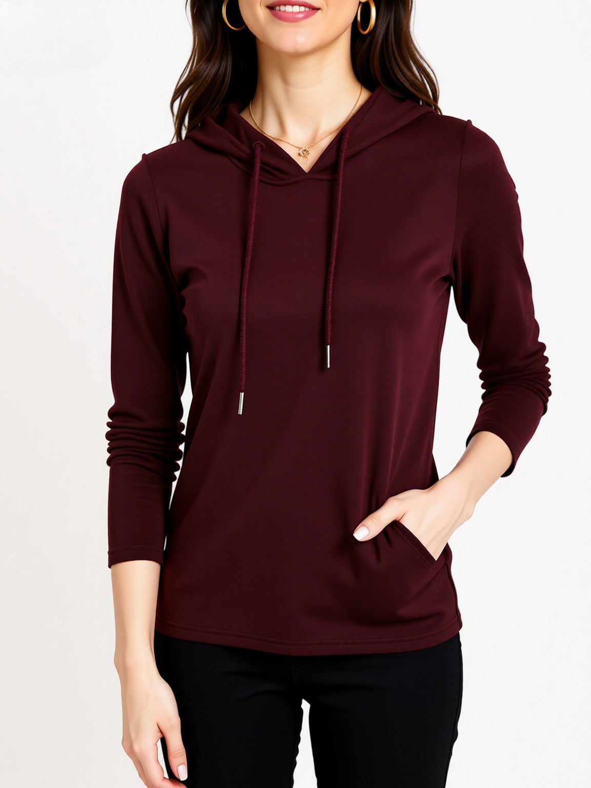 Lightweight Hoodie for Women — Slim Fit Pullover with Drawstring Hood in Soft Jersey