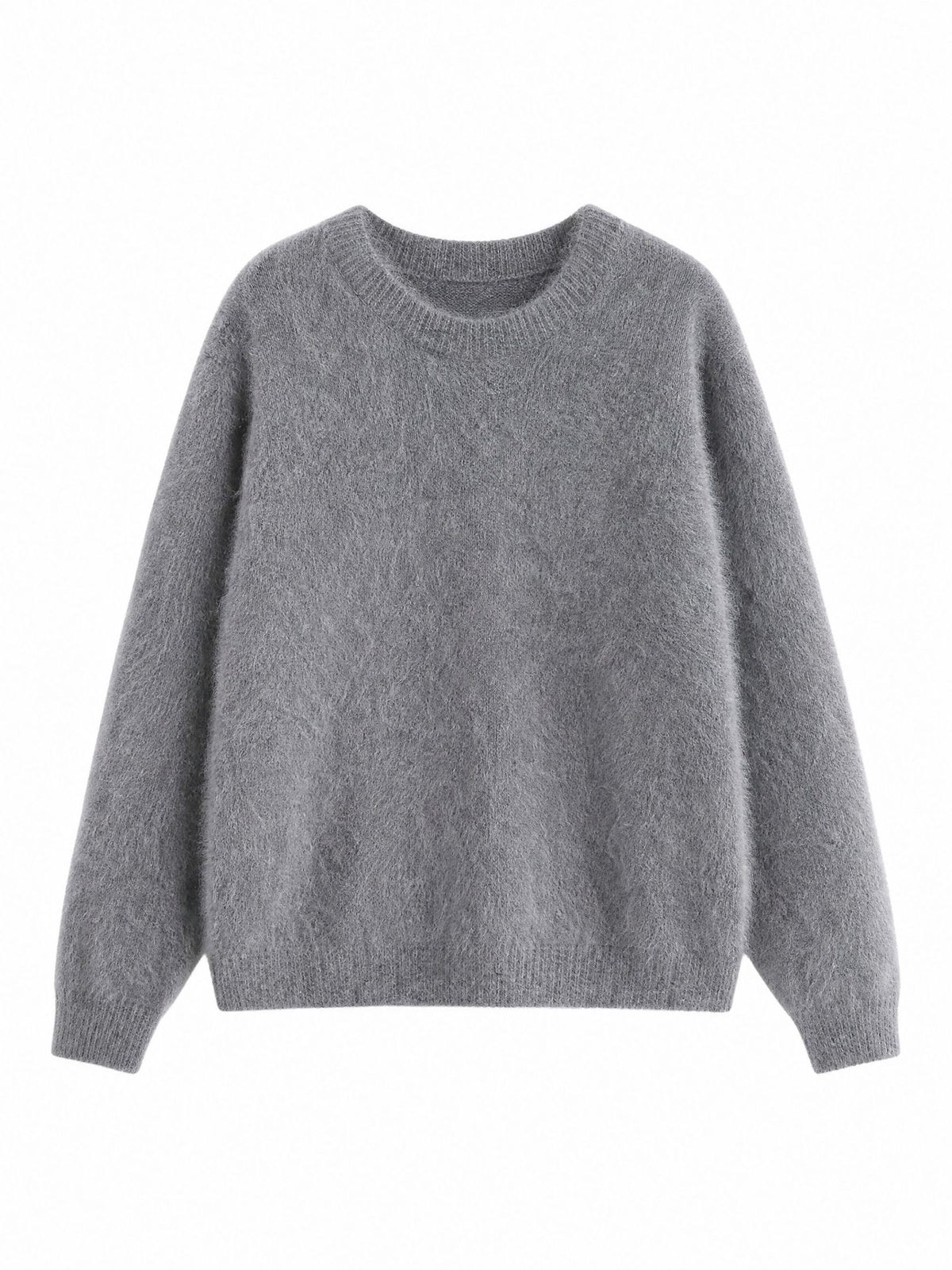 Women’s crew neck cashmere sweater in gray brushed knit with ribbed crew and cuffs