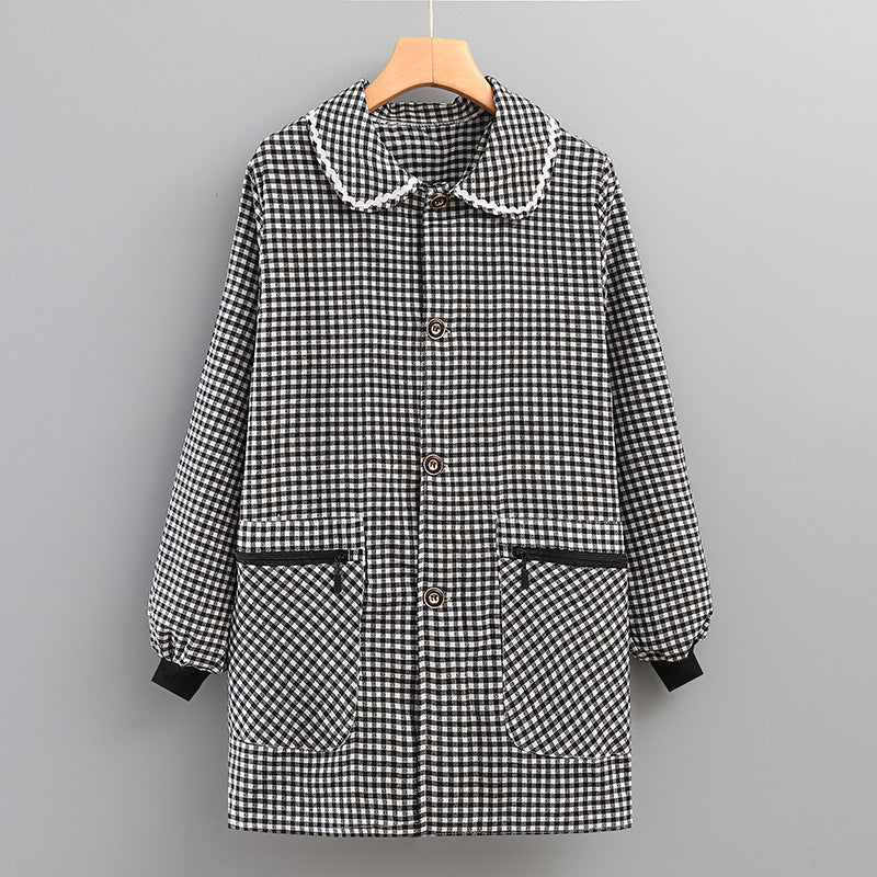 Black-and-beige checkered long-sleeve smock apron with pointed collar and button front