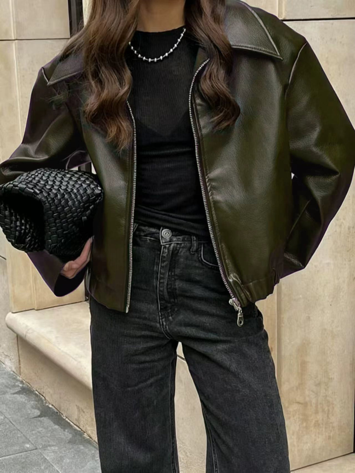 Faux Leather Bomber Jacket for Women — Oversized Cropped Fit with Point Collar