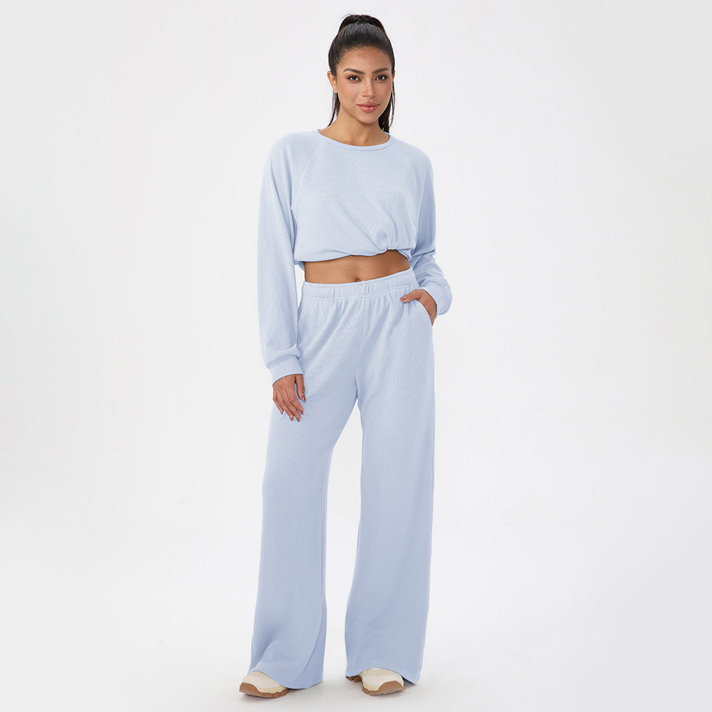 Light blue women's long-sleeve lounge set with elastic-waist wide-leg pants