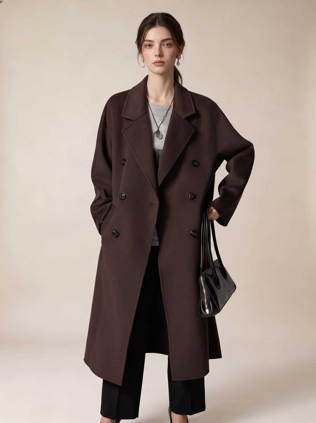 Long dark brown double-breasted wool coat with wide lapels