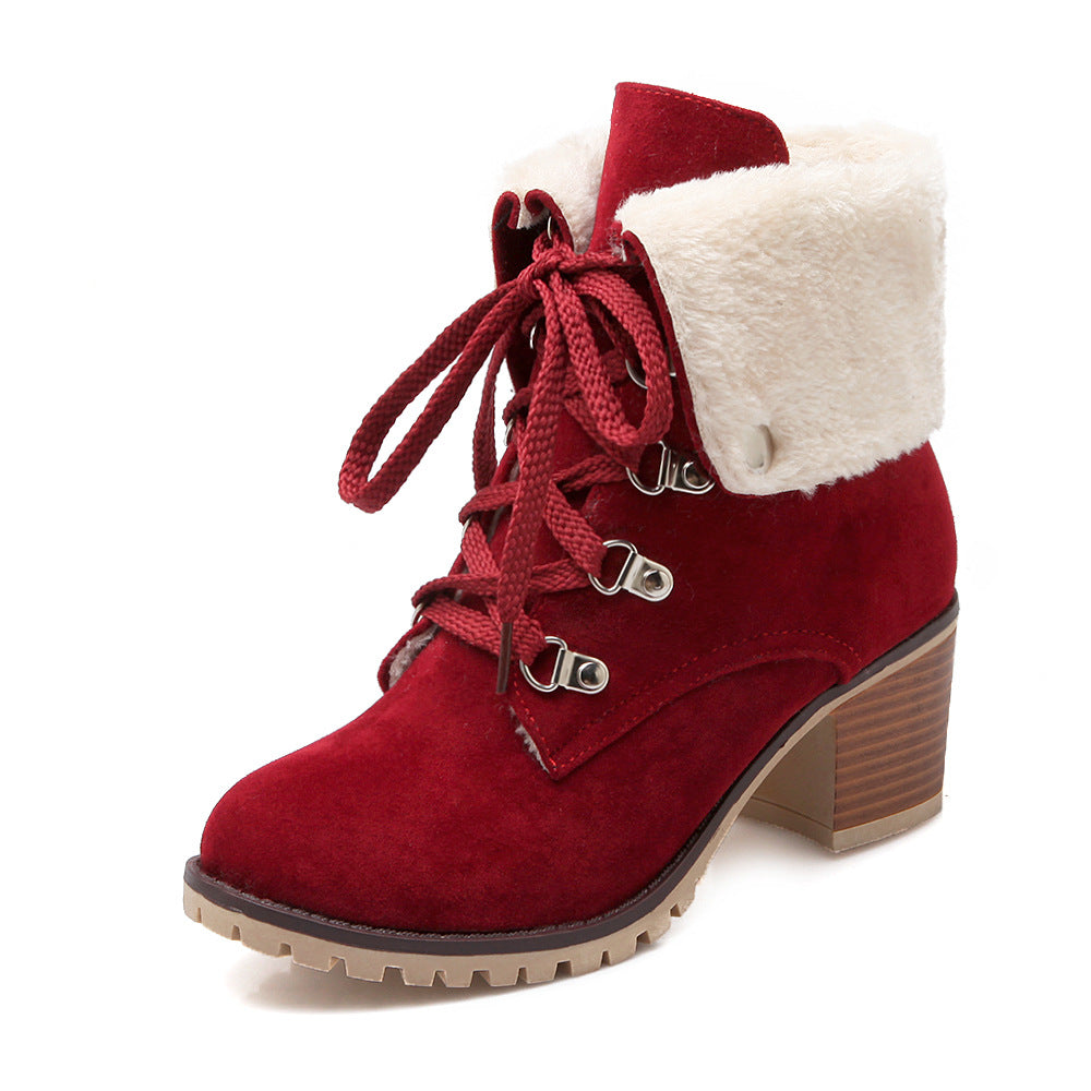 Women’s lace-up short boots with faux-fur cuffs, chunky heel, red suede with lace-up front.