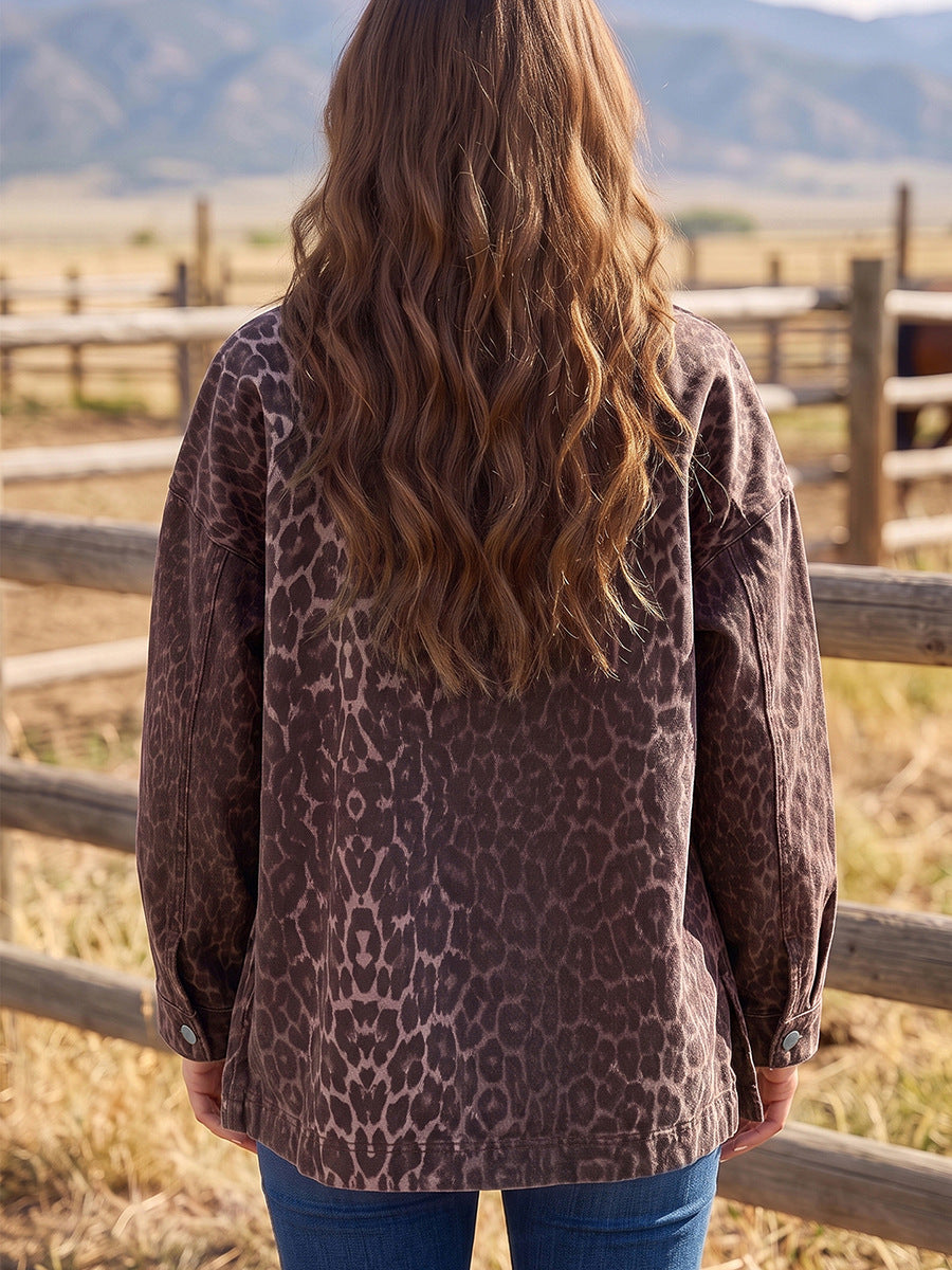 Leopard print denim jacket back view with long sleeves and button details