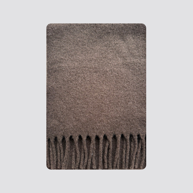 Wool-blend tassel scarf, dark brown, textured fabric with fringed ends