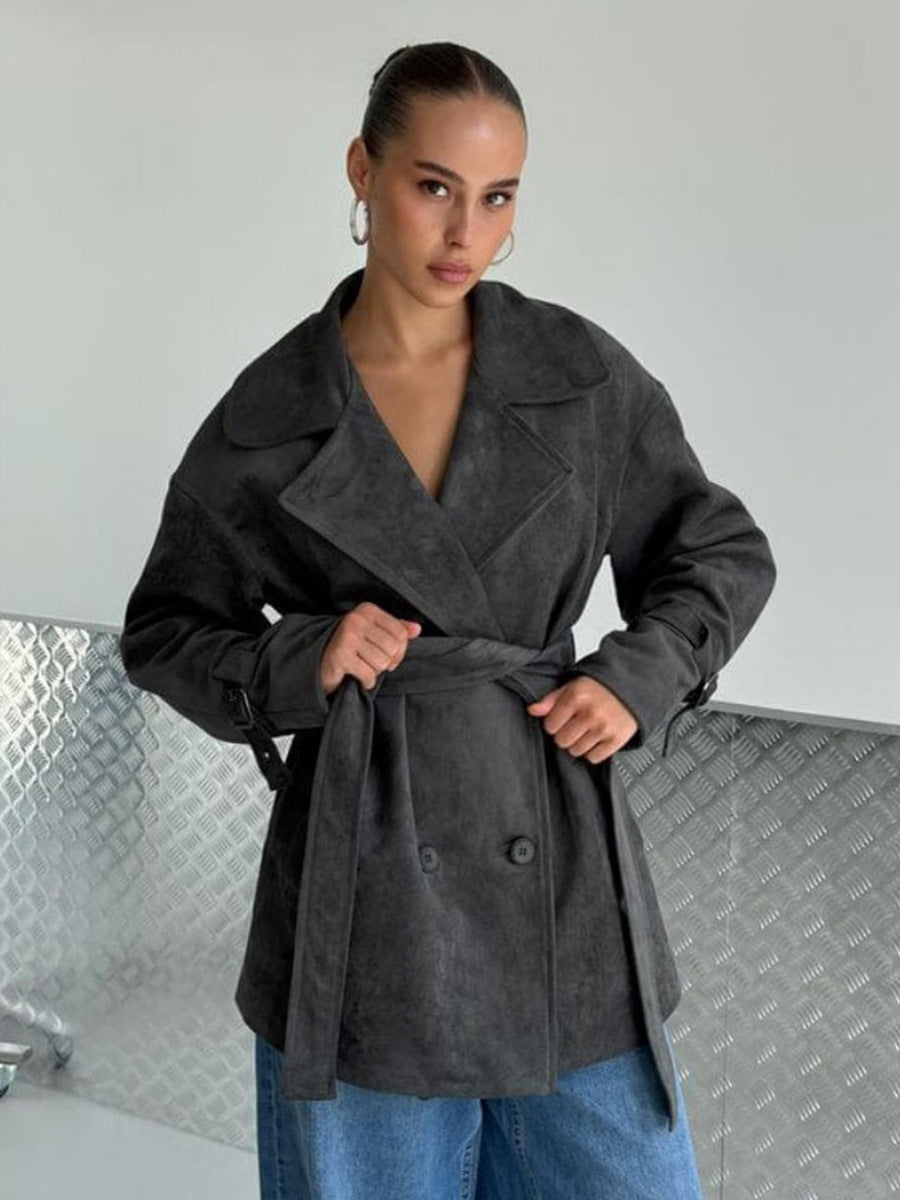 Dark gray suede lapel tie-waist jacket with button front and flap pockets
