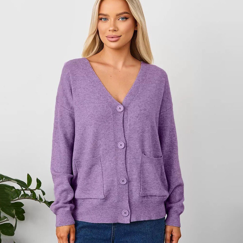 Women's purple knit V-neck cardigan with button front and front pockets, long sleeves