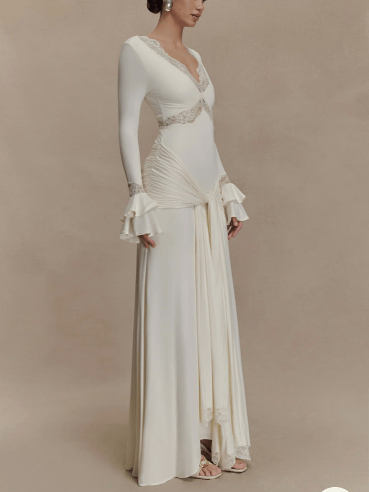 Lace Maxi Dress with Long Sleeves — Elegant V Neck Occasion Gown in Soft Jersey