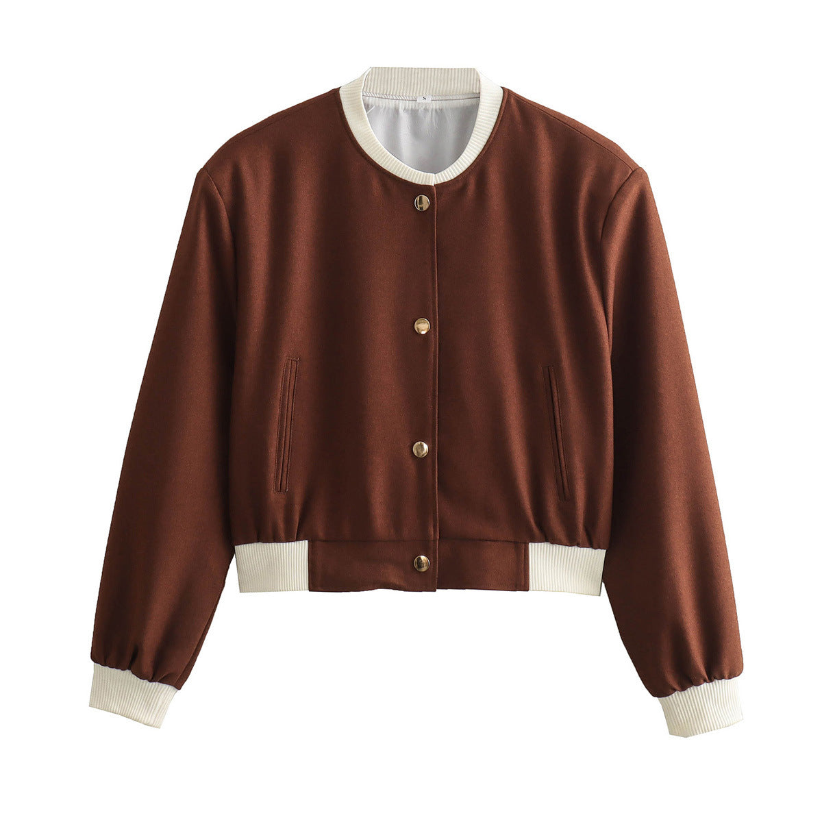 Women’s dark brown bomber jacket with ribbed stand collar, button front, side pockets