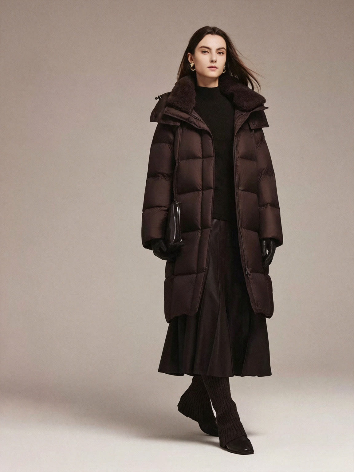 Women's dark brown long down jacket, fur-trimmed collar and quilted puffer panels