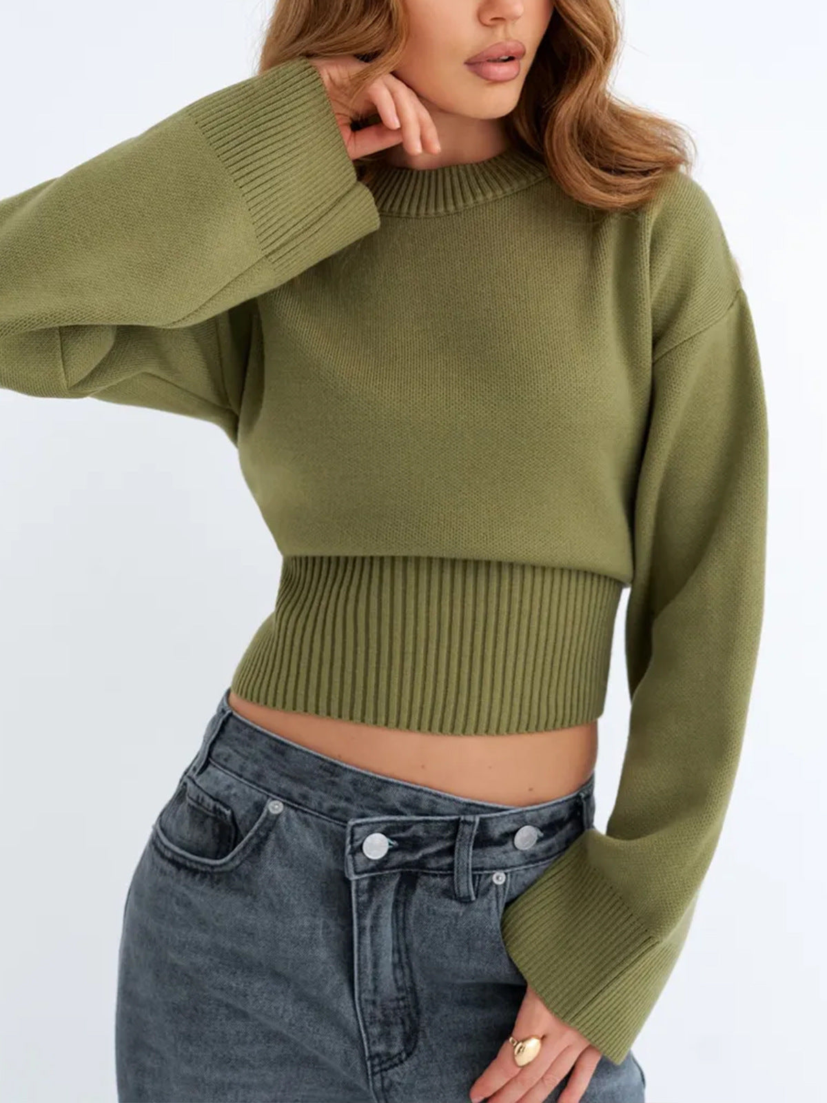 Cropped Mock Neck Sweater for Women — Wide Sleeve Fitted Waist Knit in Soft Wool