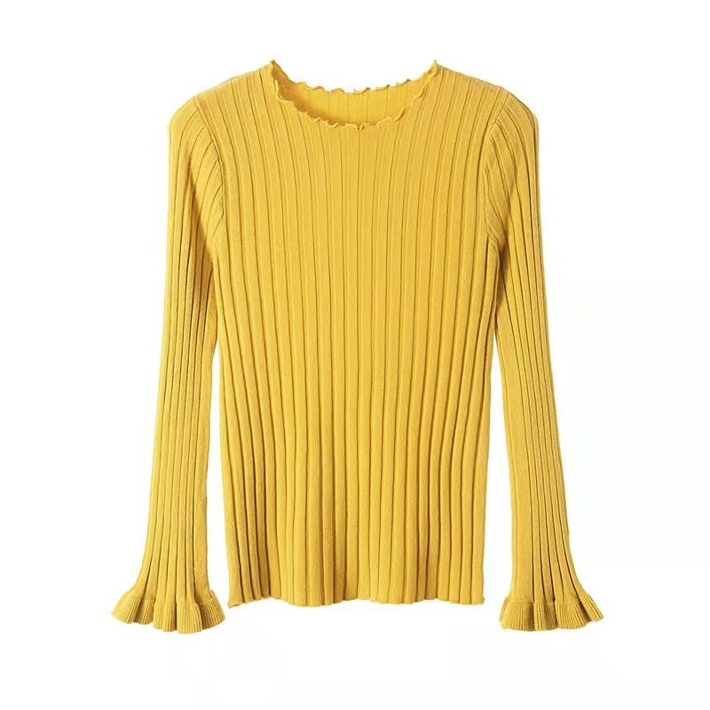 Ribbed Knit Sweater with Flare Sleeves for Women — Fitted Ruffle-Trim Style in Viscose