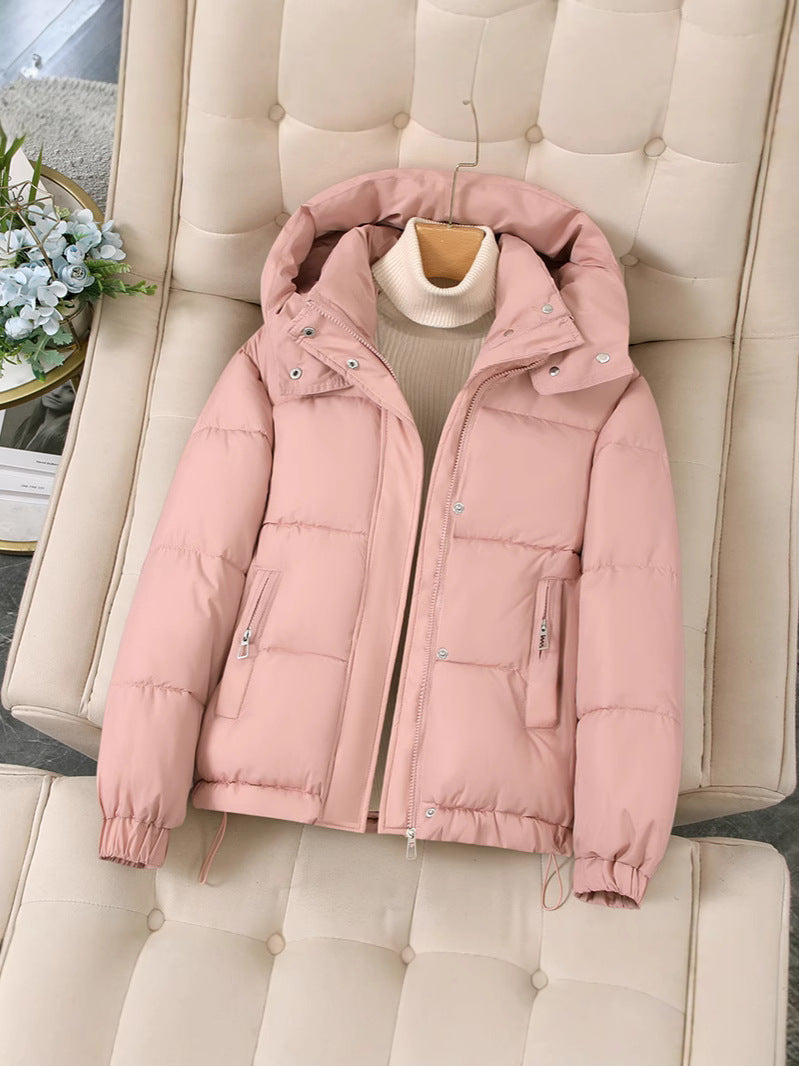 Women’s hooded short puffer jacket, light pink, full zip with snap placket and side pockets