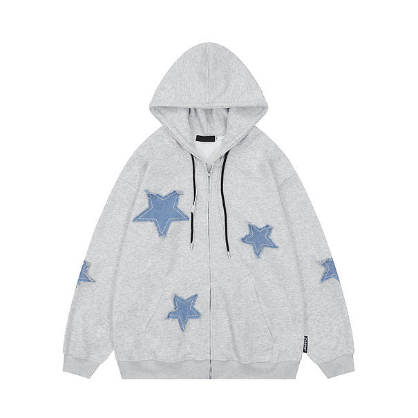 Star Patch Zip Up Hoodie for Women — Oversized Drawstring Fit in Cotton Fleece