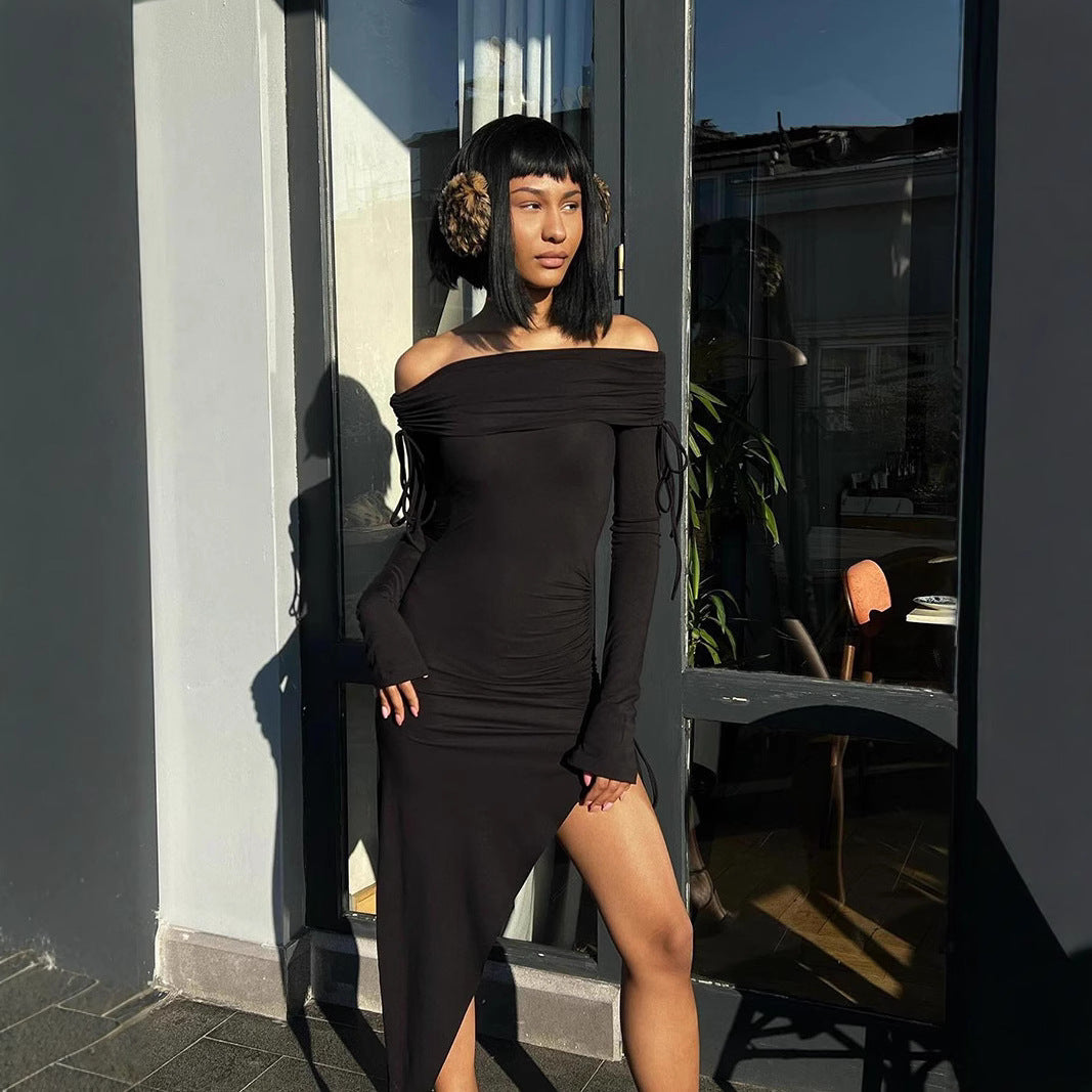 Off Shoulder Midi Dress — Ruched Bodycon with Asymmetric High Slit in Soft Jersey