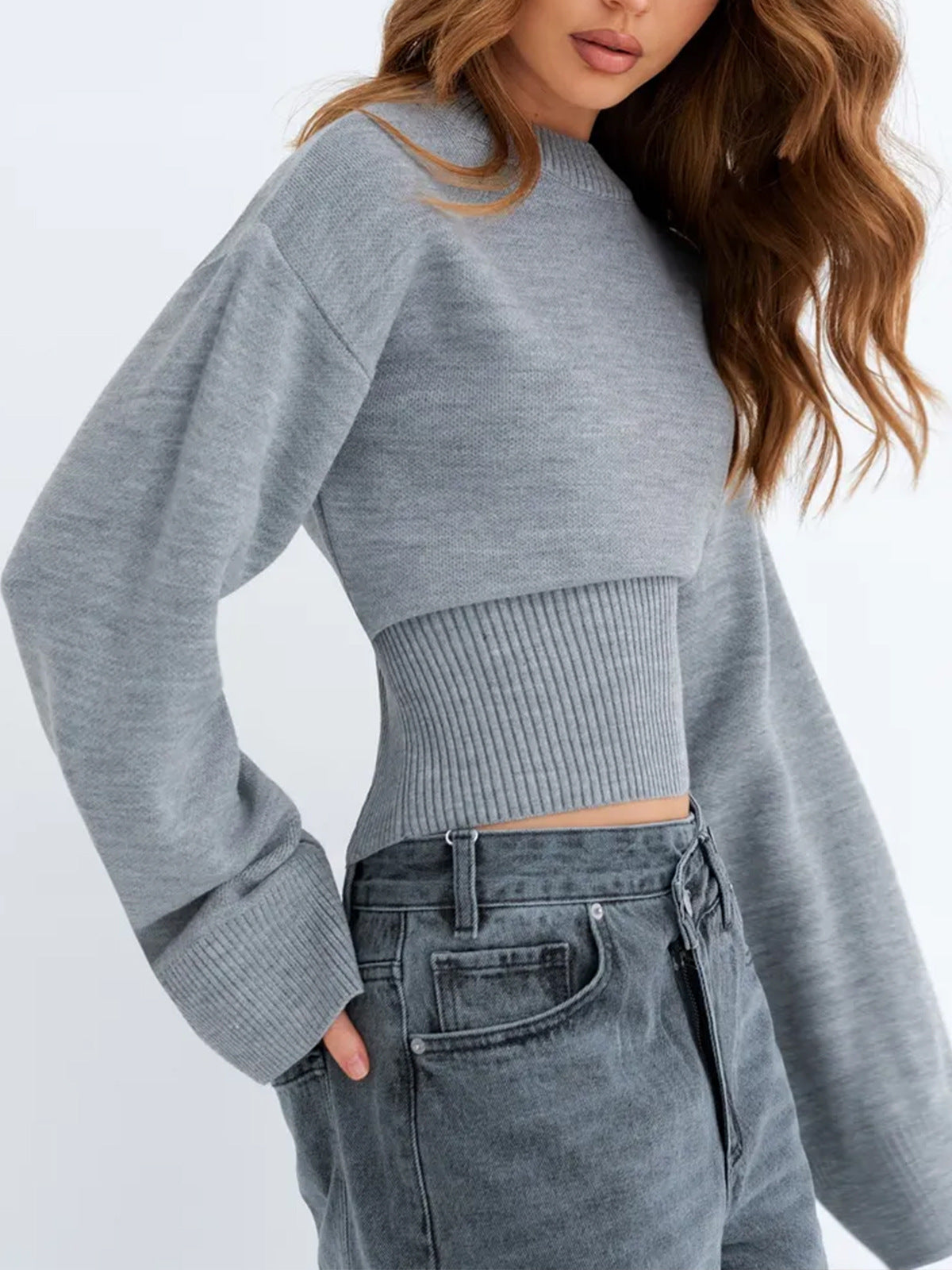 Cropped Mock Neck Sweater for Women — Wide Sleeve Fitted Waist Knit in Soft Wool
