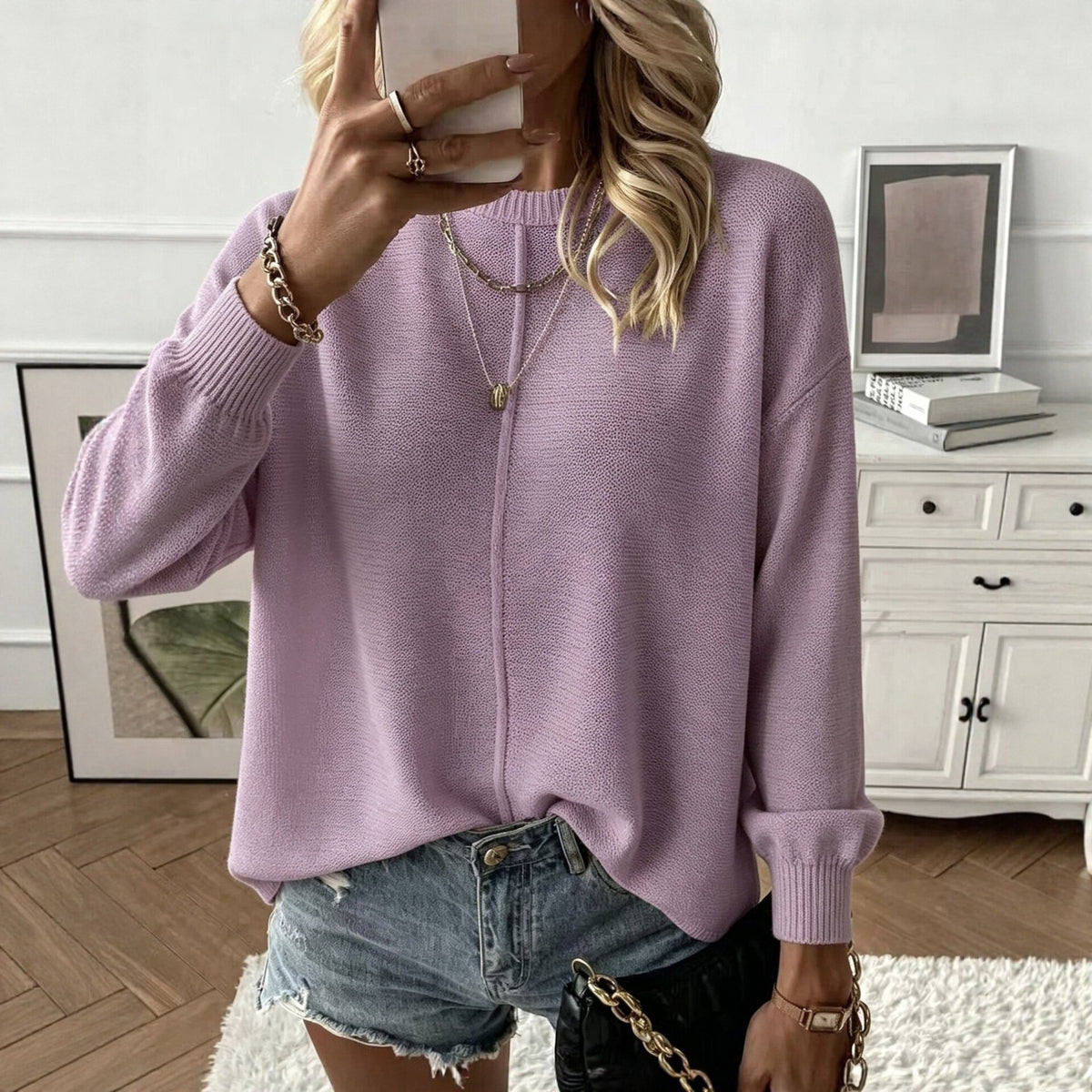 Oversized Knit Sweater for Women — Round Neck Drop Shoulder Pullover in Soft Cotton