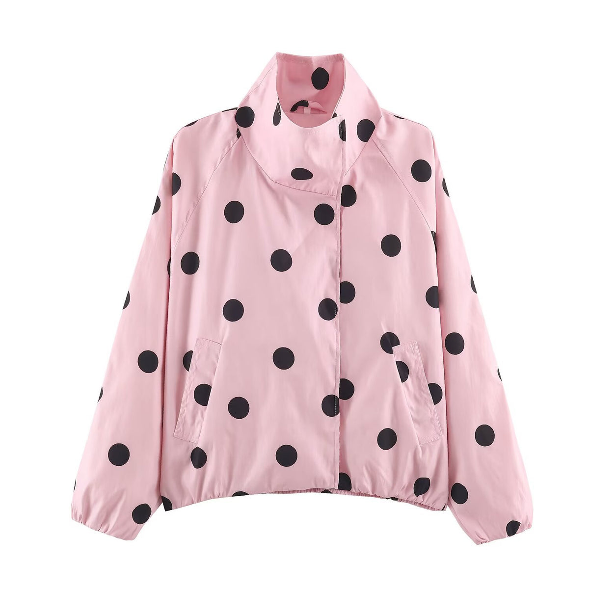 Pink polka-dot bomber jacket with zip front and stand collar