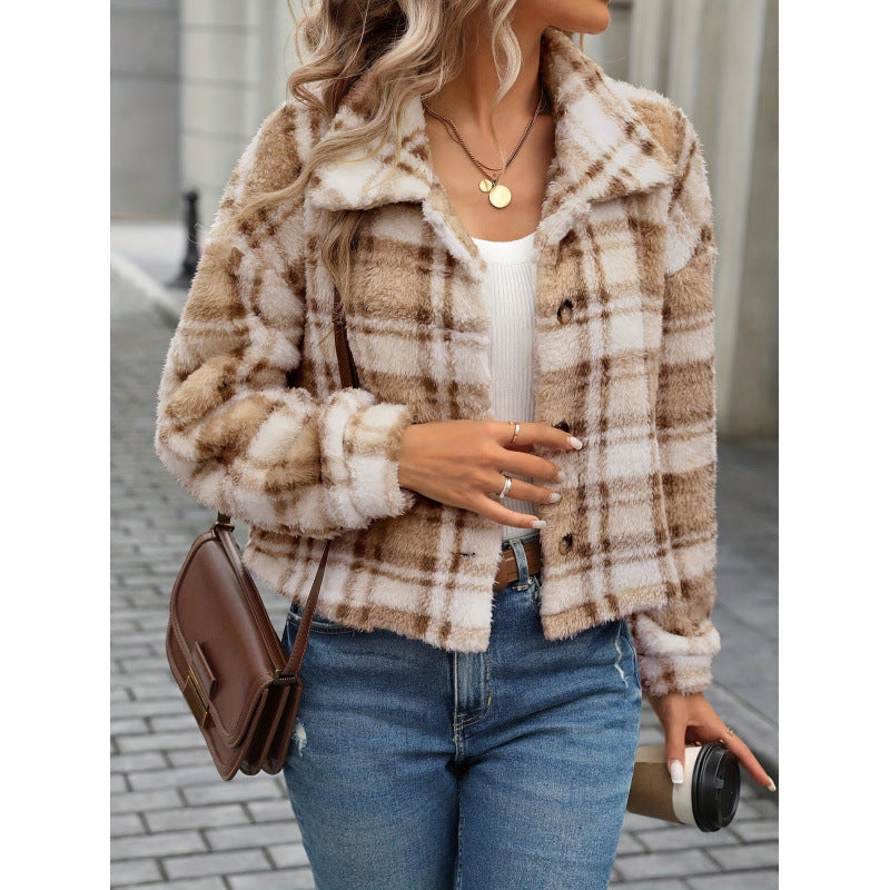Women’s khaki plaid plush button cardigan jacket with collared fuzzy front
