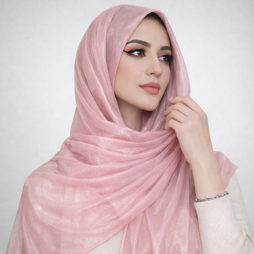 Pink sequin chiffon headscarf with draped wrap, glittery shimmer finish