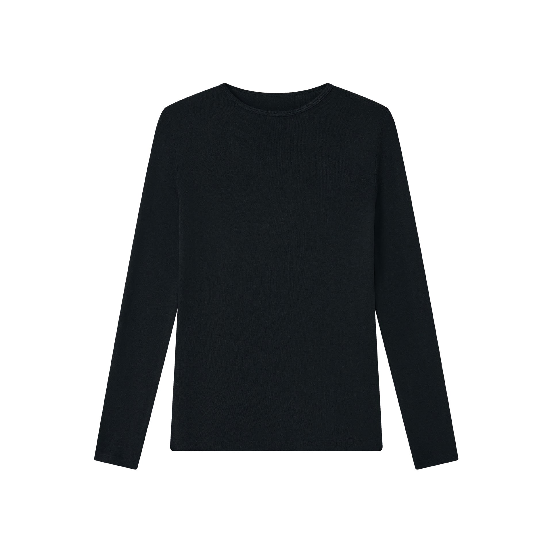 Women's long-sleeve knit T-shirt, crewneck, solid black