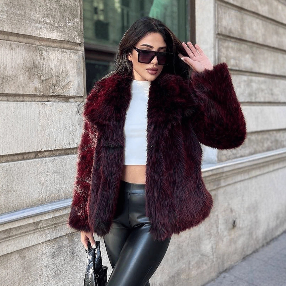 Wine red faux fur short coat with wide open lapels and long sleeves