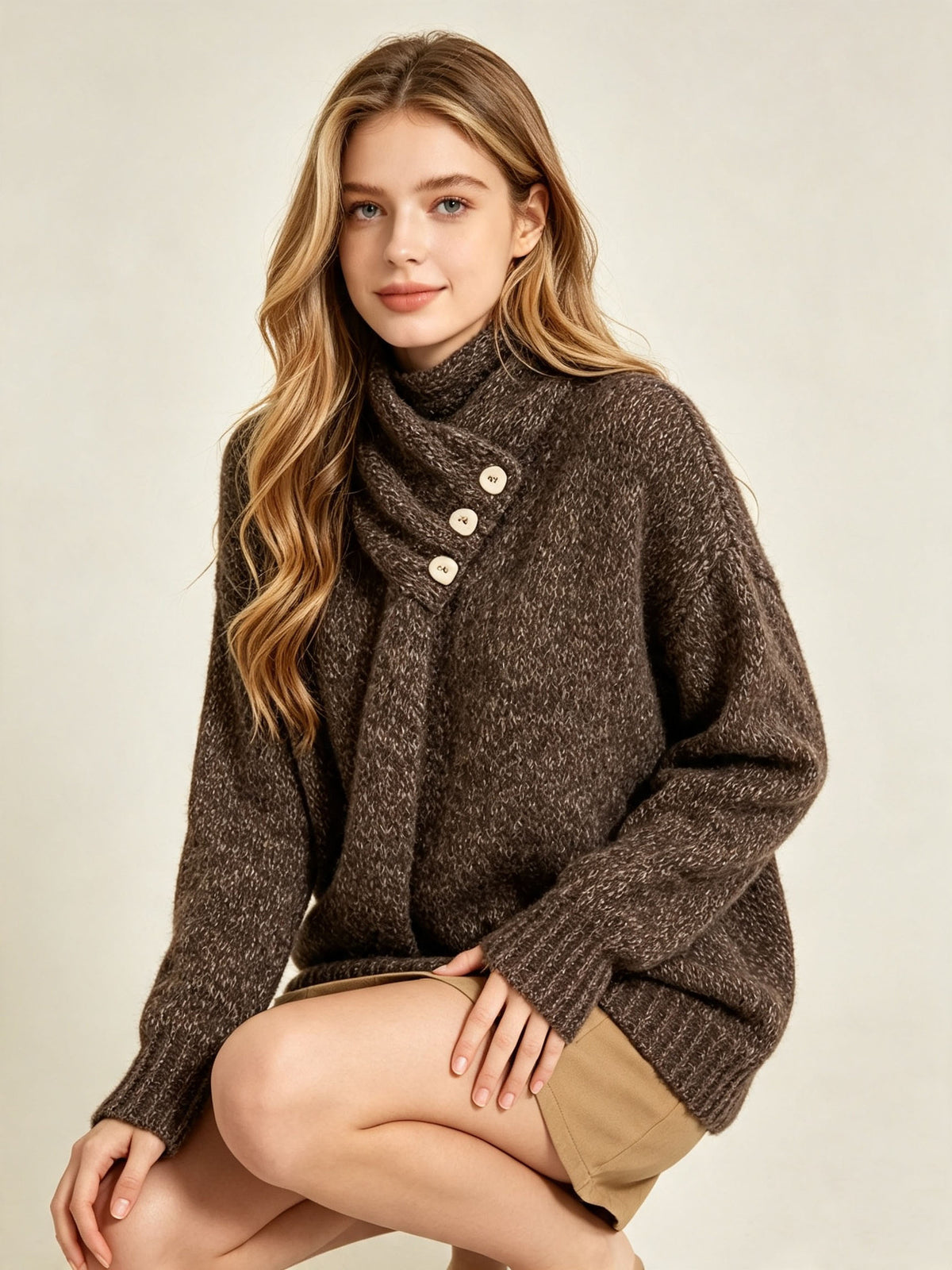 Women's brown wool knit sweater with draped scarf collar and long sleeves, close-up