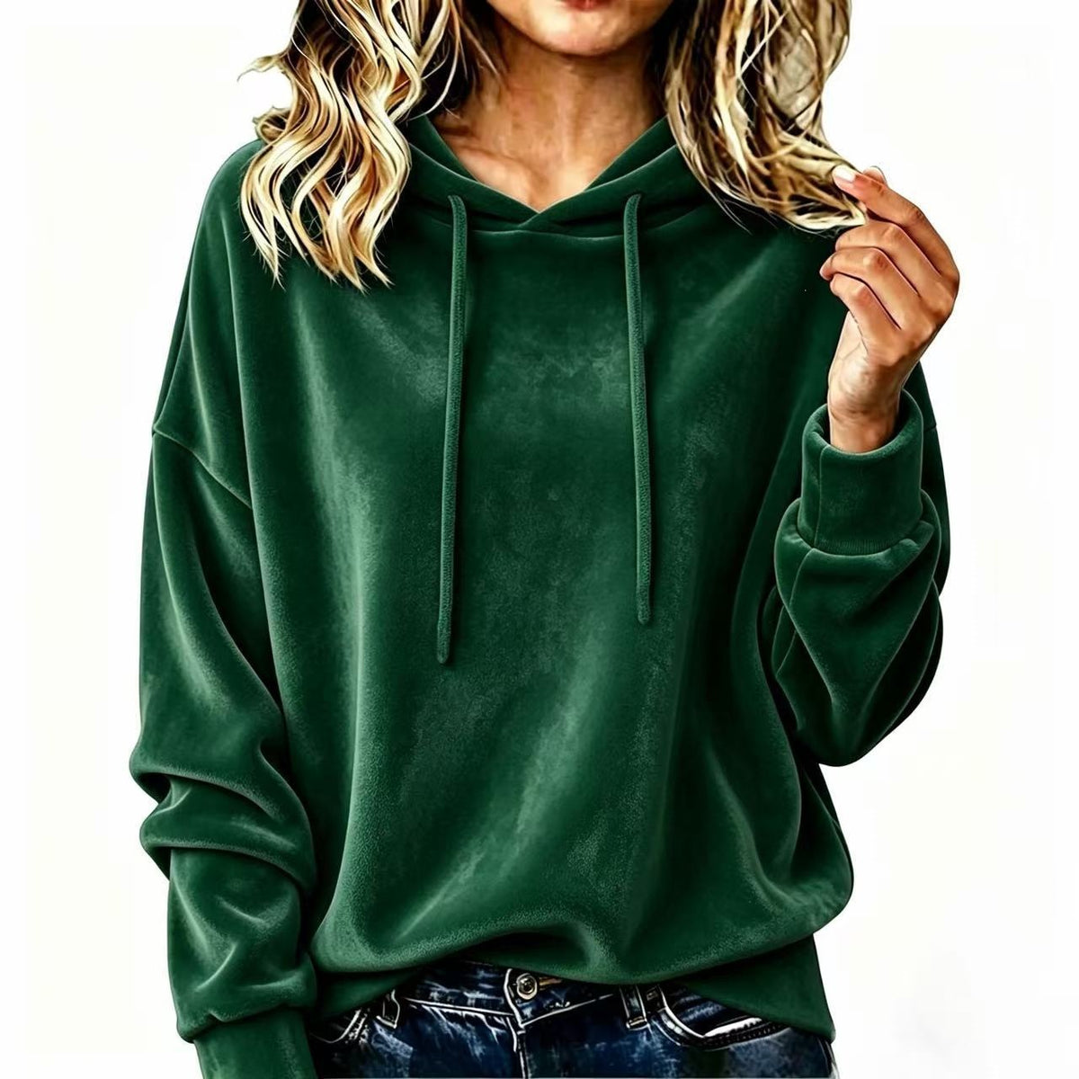 Women's corduroy hoodie with drawstring hood, long sleeves, dark green