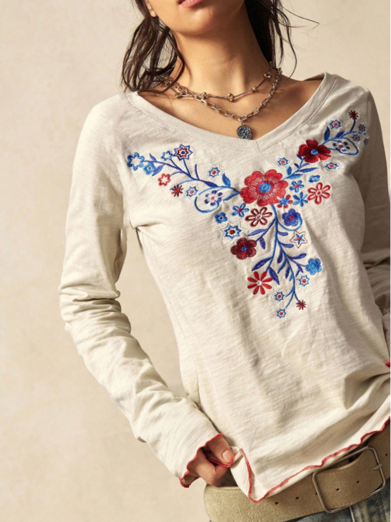 Embroidered Top for Women — Boho Floral Long Sleeve Tee in Soft Slub Cotton