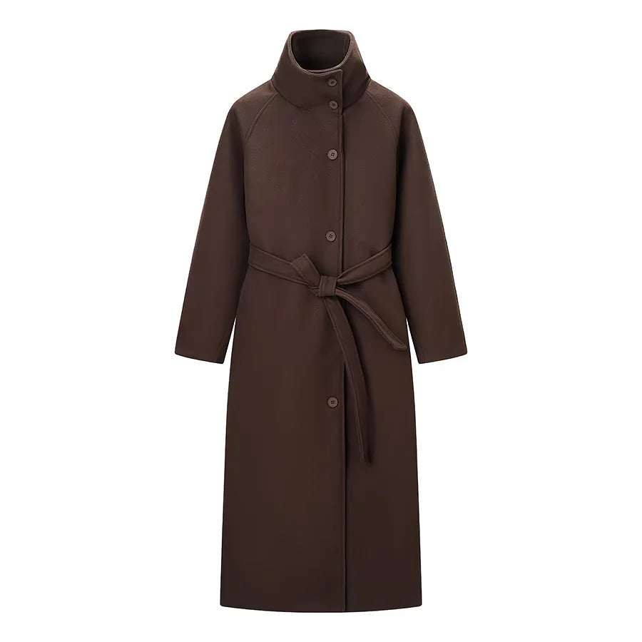 Women's dark brown belted wool coat, long sleeves, button-front stand collar
