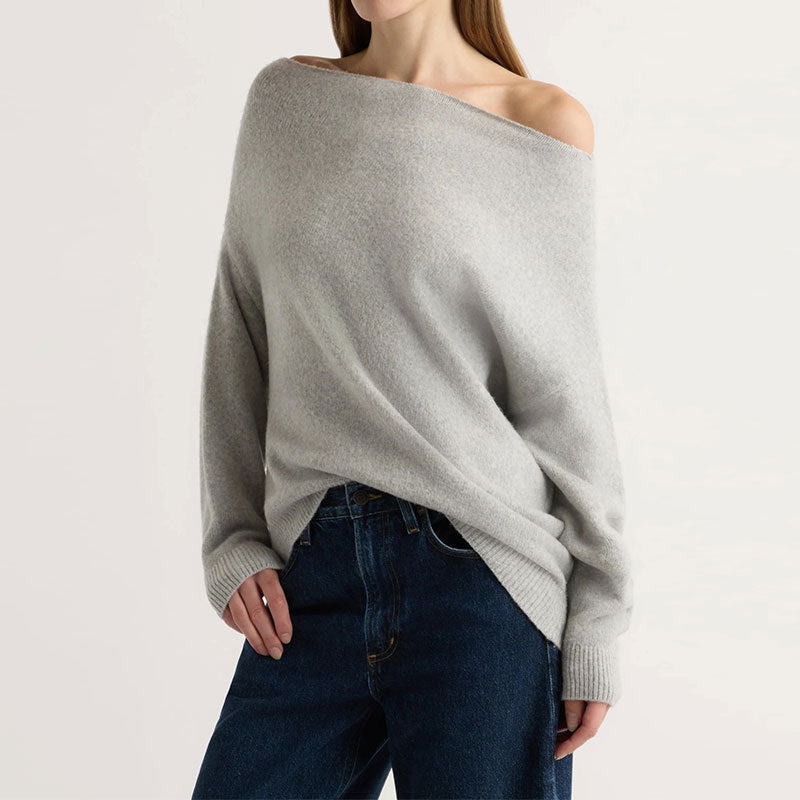 Grey off-shoulder knit sweater with loose long sleeves