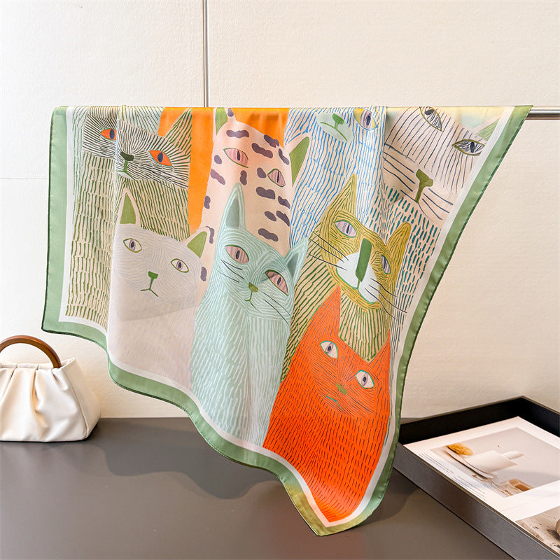 Cat-print silk-look square scarf with multicolor felines and mint-green border