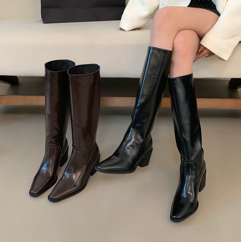 Riding Boots for Women — Knee High Pull On with Square Toe and Block Heel in Faux Leather