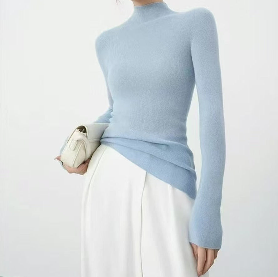 Light blue women’s mock neck slim-fit long-sleeve knit top