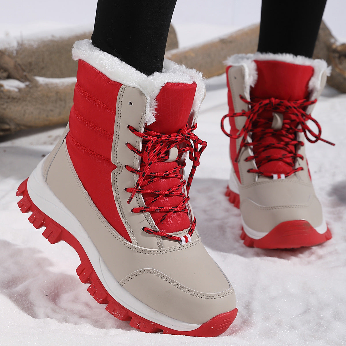 Women’s snow boots, red and white mid-calf with red lace-up and fur cuff