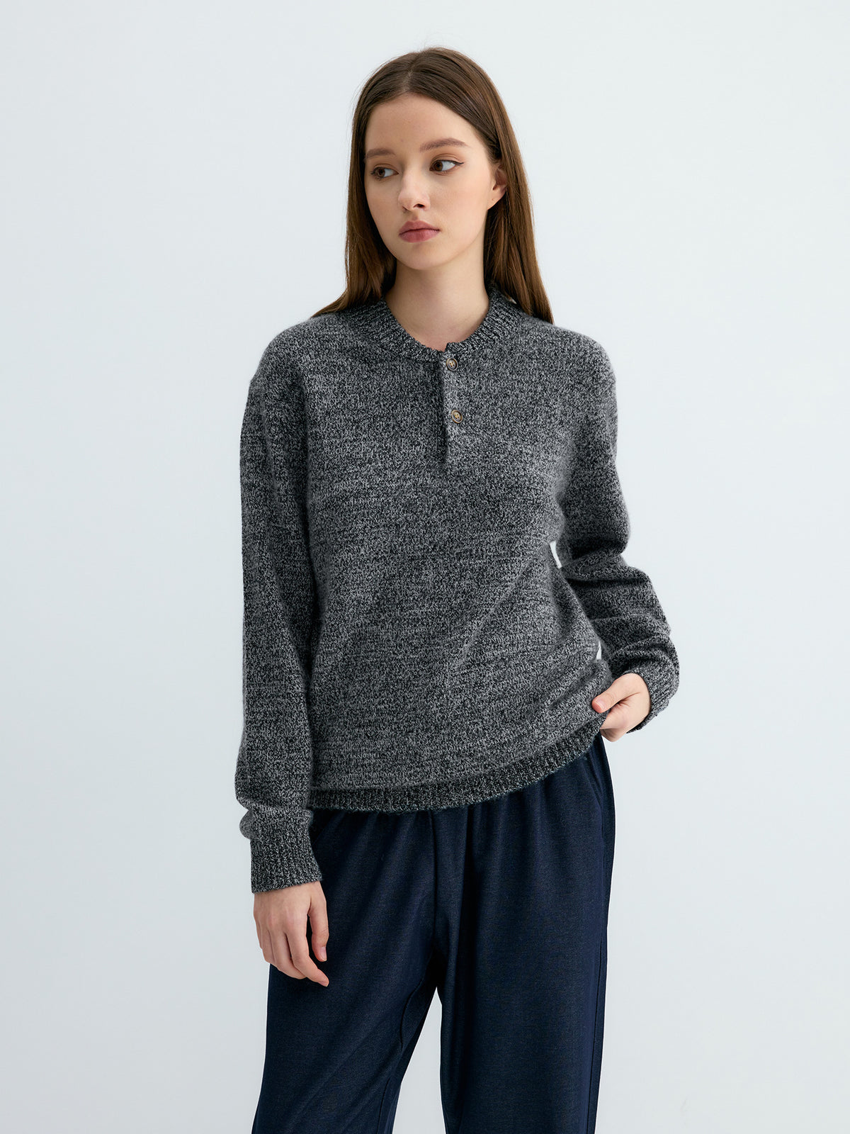 Wool knit baseball-collar sweater with two-button placket, dark gray speckled texture
