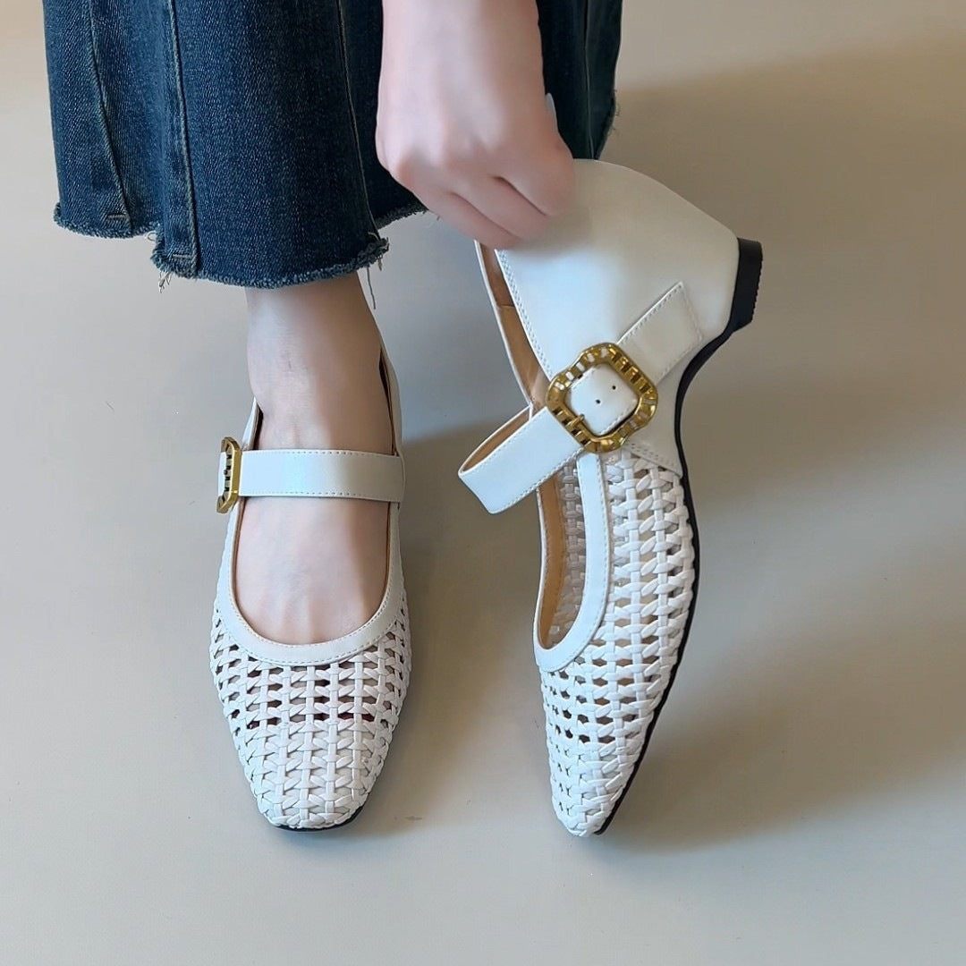 Off-white woven Mary Jane flats with square toe, single strap, gold buckle detail