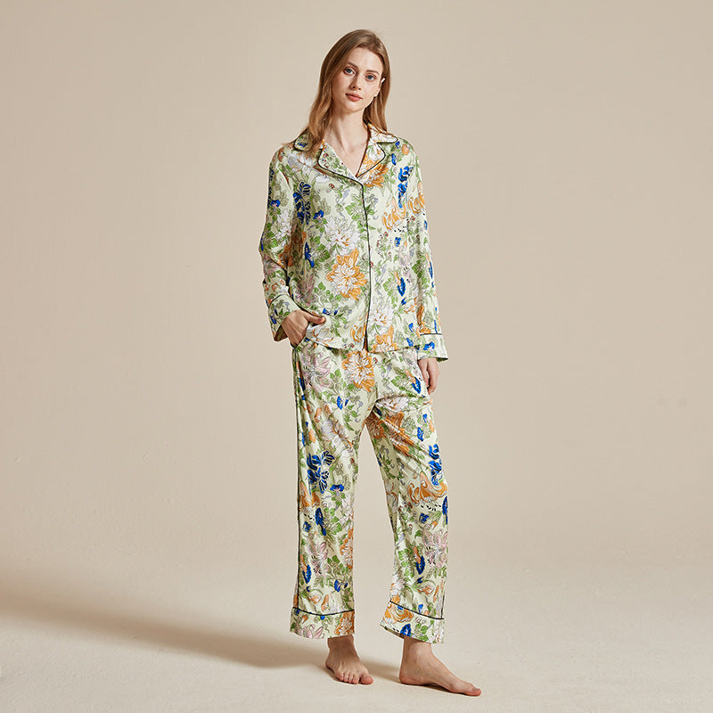 Women’s light floral printed long-sleeve pajama top and wide-leg trousers set