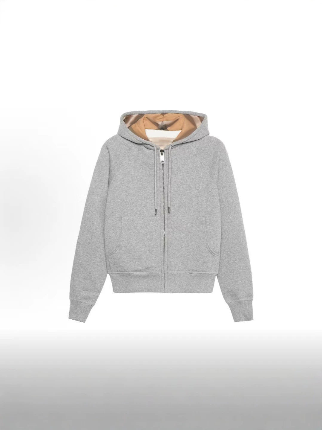 Light gray zip-up hooded sweatshirt jacket, camo-lined hood, front zipper.