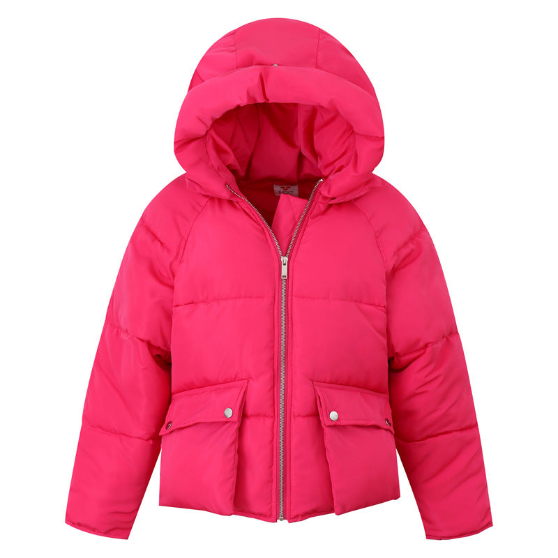 Women’s hooded short puffer coat in bright pink with full-zip front and snap flap pockets