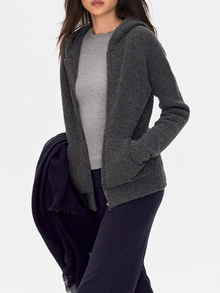 Women’s dark gray zip-front knit hoodie sweater with hood and front pocket, long sleeves