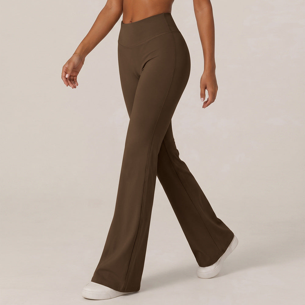 Dark brown high-waisted wide-leg yoga pants with straight fit and smooth waistband